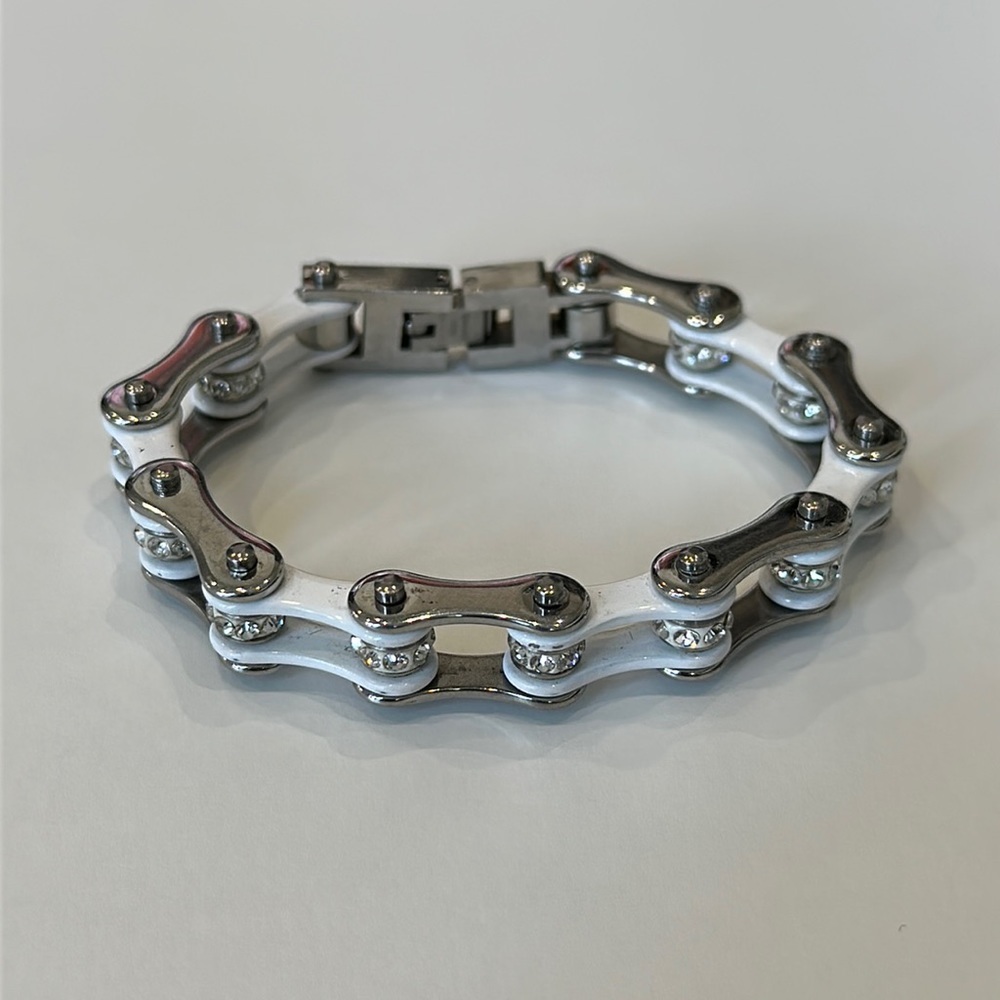 White & Silver Bike Chain Bracelet with Clear Stones